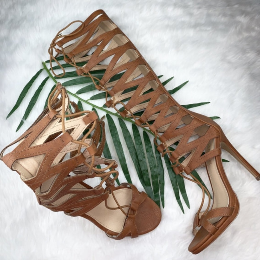 LILIANA~GLADIATOR SANDALS~BROWN~LACE UP~ZIPPER - Picture 1 of 5